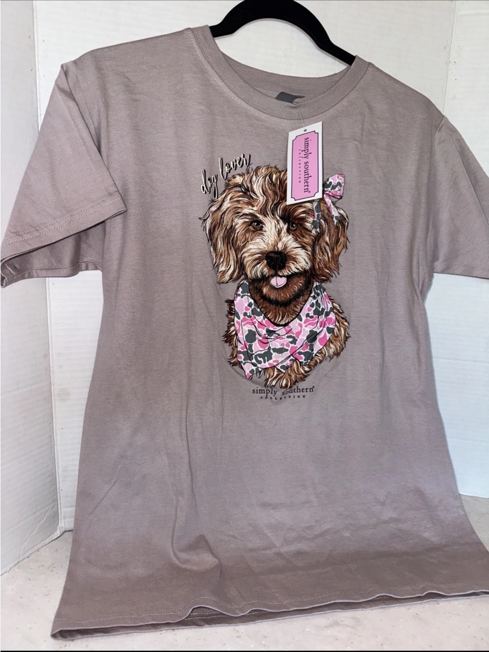 Simply Southern Taupe Graphic Dog Tee with Pink Bandana